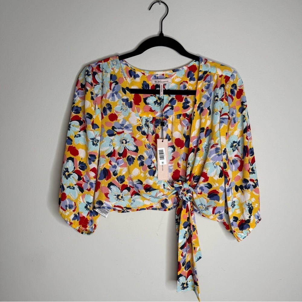 BCBGeneration women's multicolor floral tie-front top.